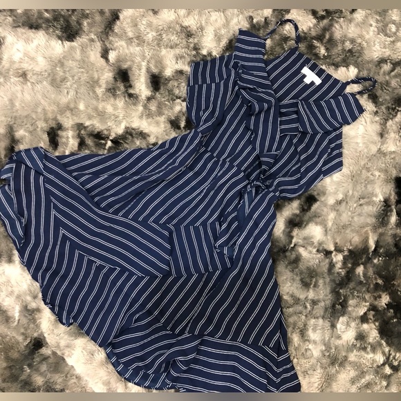 NAVY BLUE WHITE STRIPES SPAGHETTI STRAP WRAPPED BUSINESS CASUAL RUFFLE DRESS - Picture 3 of 11